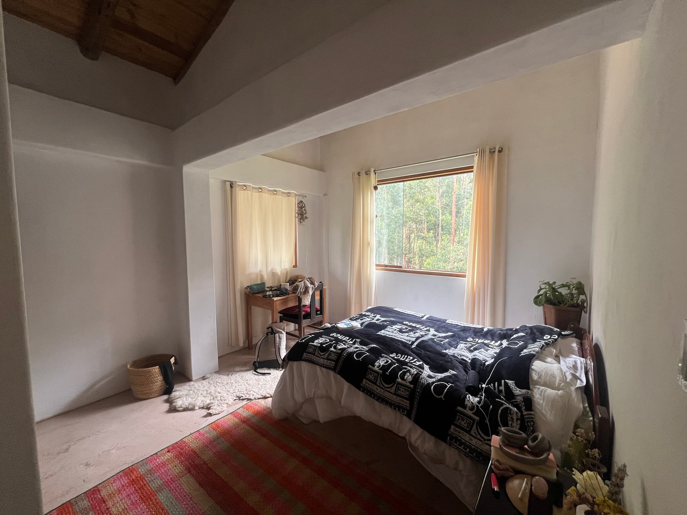 Bright bedroom with a bed, woven rug, desk, and windows facing the trees
