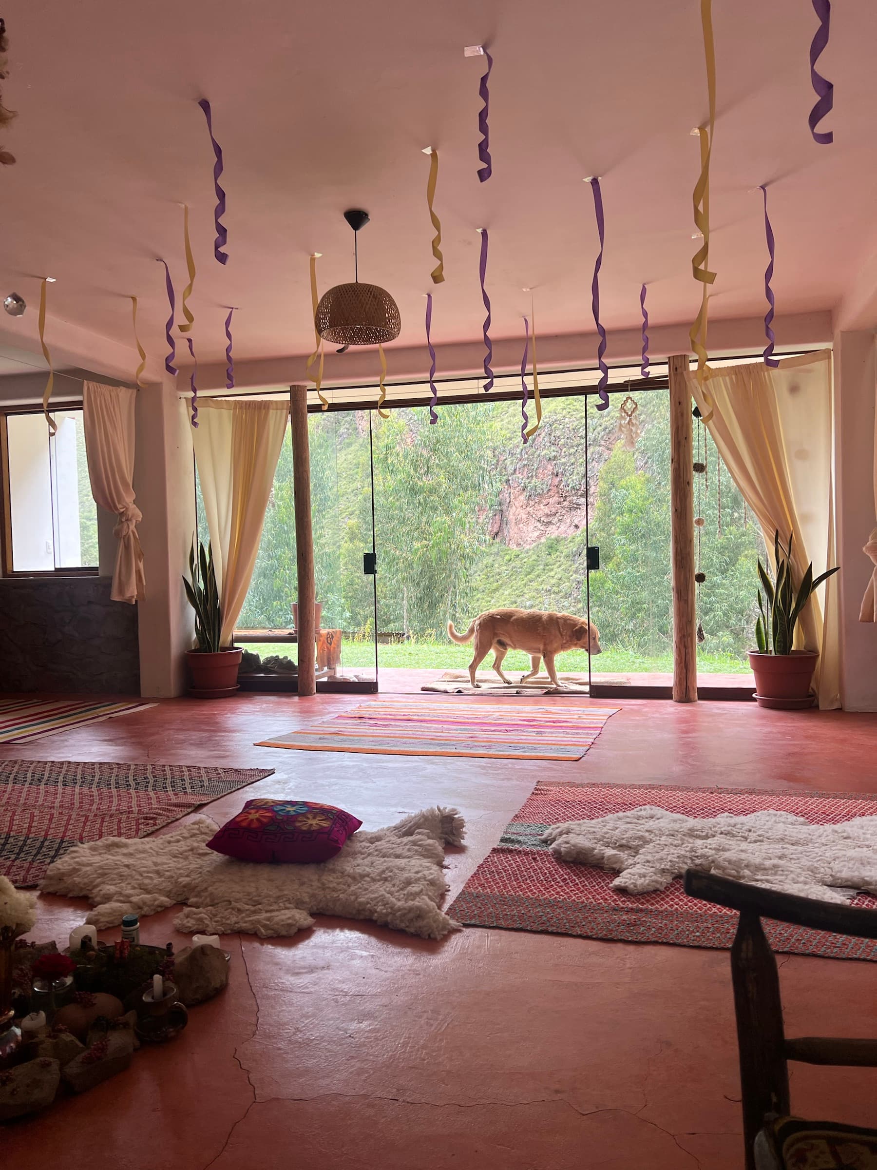Interior gathering room with floor rugs, soft textiles, and glass doors opening to greenery